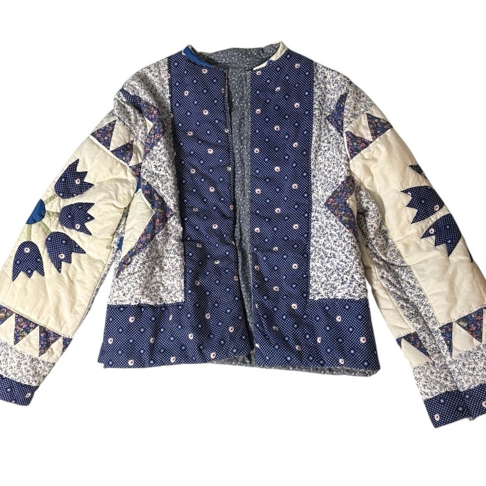 Handmade Quilt Coat Upcycled Patchwork Open Front‎ Blue Shacket Jacket Floral